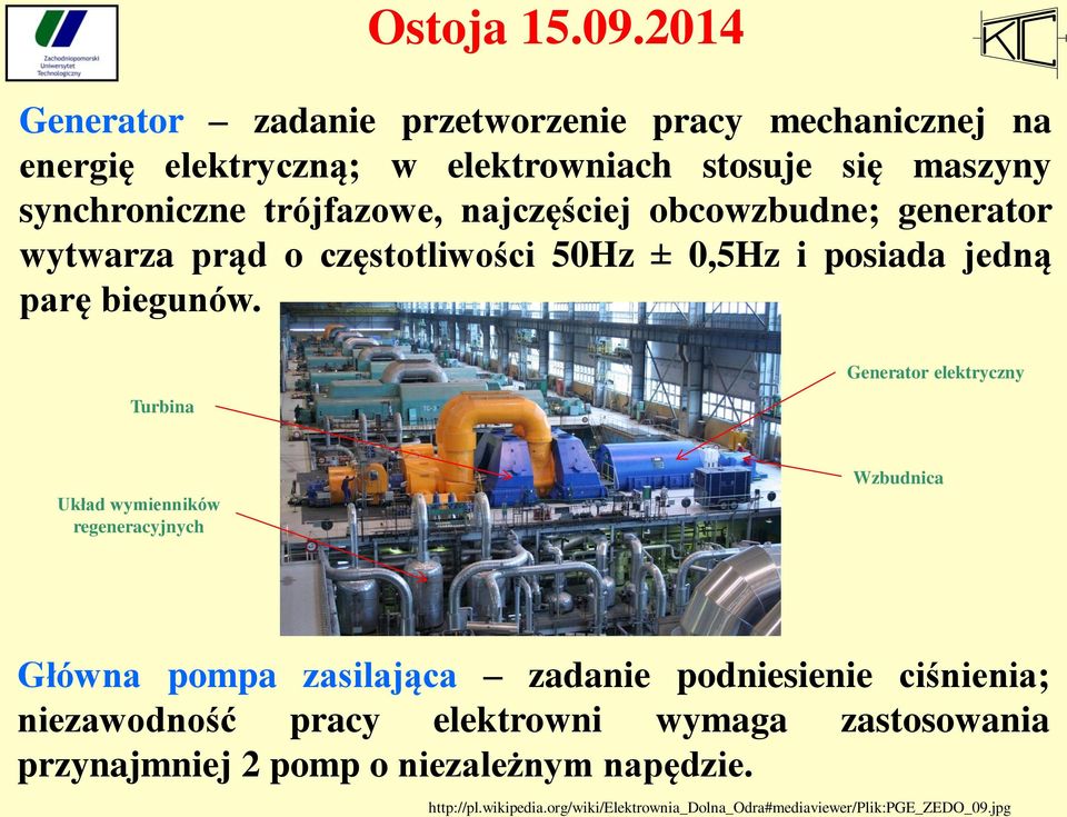 Turbina Generator elektryczny Układ wymienników regeneracyjnych Wzbudnica Główna pompa zasilająca zadanie podniesienie ciśnienia;