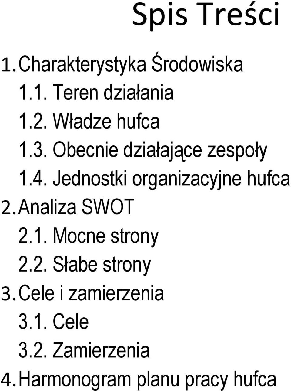 Jednostki organizacyjne hufca 2. Analiza SWOT 2.1. Mocne strony 2.2. Słabe strony 3.