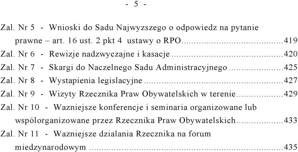 Nr 8 - Wystapienia legislacyjne...427 Zal. Nr 9 - Wizyty Rzecznika Praw Obywatelskich w terenie...429 Zal.