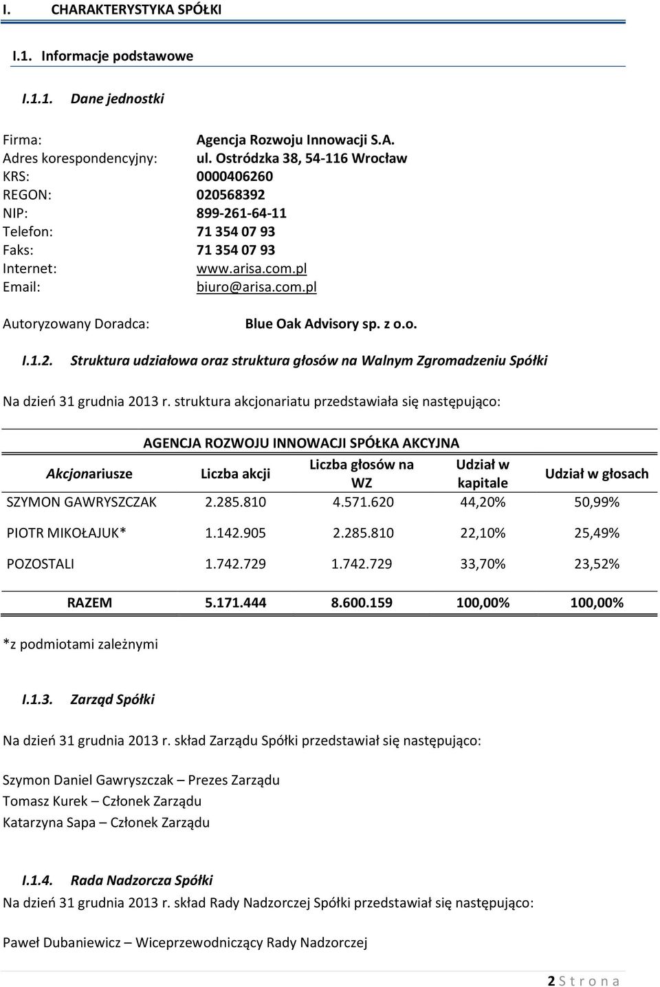 z o.o. I.1.2. Struktura udziałowa oraz struktura głosów na Walnym Zgromadzeniu Spółki Na dzień 31 grudnia 2013 r.