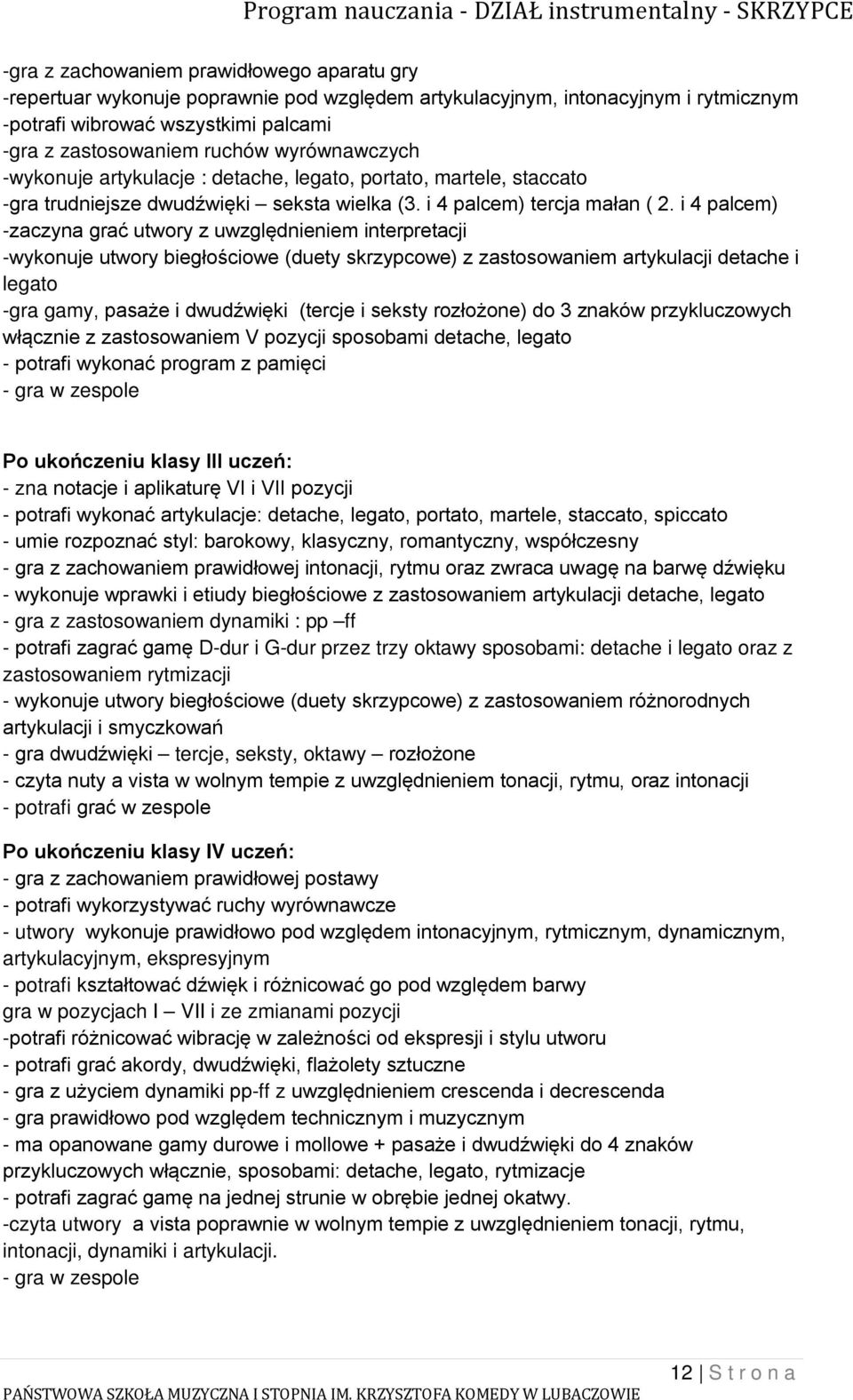 i 4 palcem) -zaczyna grać utwory z uwzględnieniem interpretacji -wykonuje utwory biegłościowe (duety skrzypcowe) z zastosowaniem artykulacji detache i legato -gra gamy, pasaże i dwudźwięki (tercje i