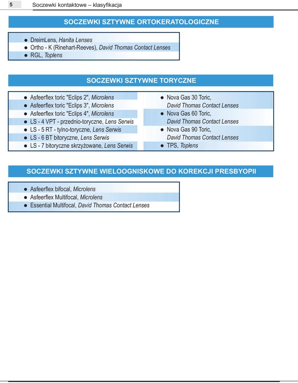 Serwis LS-5RT-tylno-toryczne, Lens Serwis LS-6BTbitoryczne, Lens Serwis LS - 7 bitoryczne skrzyżowane, Lens Serwis Nova Gas 30 Toric, Nova Gas 60 Toric,
