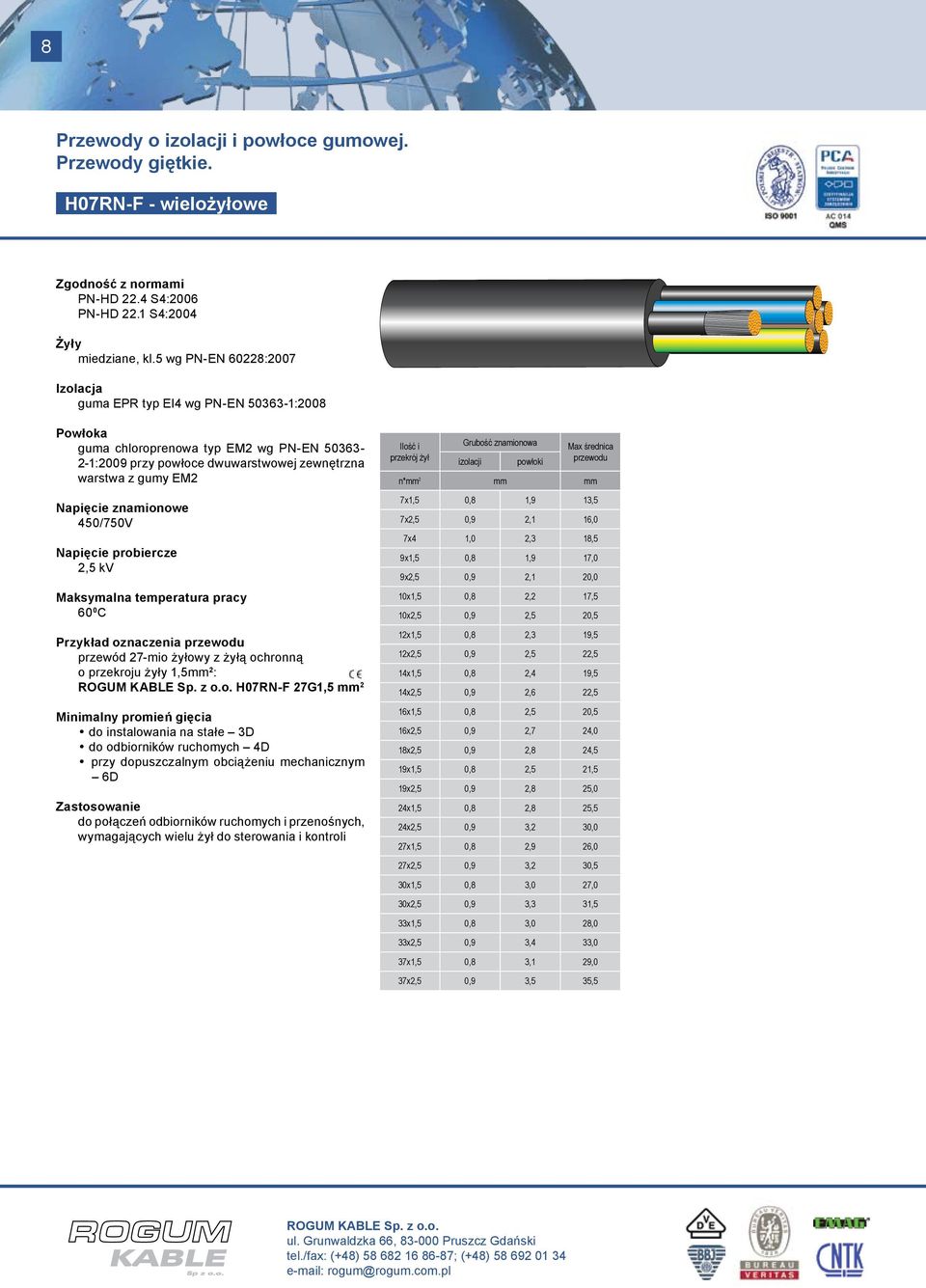 żyłowy z żyłą ochronną o przekroju żyły 1,5mm 2 : H07RN-F 27G1,5 mm 2 do instalowania na stałe 3D do odbiorników ruchomych 4D przy dopuszczalnym obciążeniu mechanicznym 6D do połączeń odbiorników