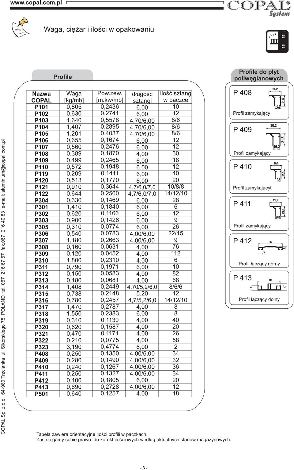 P411 P41 P413 P501 Waga [kg/mb] 0,805 0,630 1,640 1,407 1,1 0,655 0,560 0,389 0,499 0,57 0,9 0,513 0,910 0,644 0,330 1,410 0,6 0,900 0,310 0,540 1,180 0,160 0,1 1,800 0,790 0,150 0,180 1,408 0,738