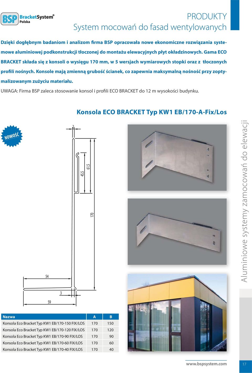 Konsole mają zmienną grubość ścianek, co zapewnia maksymalną nośność przy zoptymalizowanym zużyciu materiału. UWAGA: Firma BSP zaleca stosowanie konsol i profili ECO BRACKET do 12 m wysokości budynku.