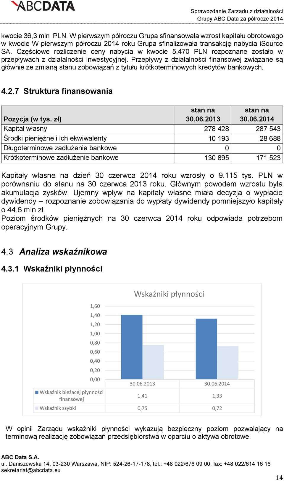 Przepływy z działalności finansowej związane są głównie ze zmianą stanu zobowiązań z tytułu krótkoterminowych kredytów bankowych. 4.2.7 Struktura finansowania Pozycja (w tys. zł) stan na 30.06.