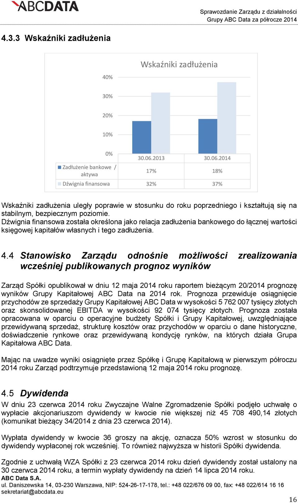 Dźwignia finansowa została określona jako relacja zadłużenia bankowego do łącznej wartości księgowej kapitałów własnych i tego zadłużenia. 4.