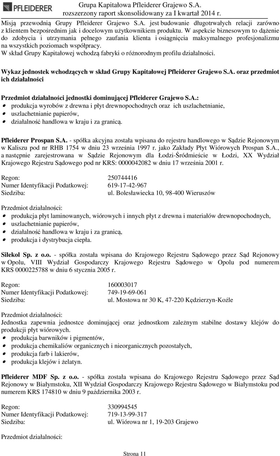 W skład Grupy owej wchodzą fabryki o różnorodnym profilu działalności. Wykaz jednostek wchodzących w skład Grupy owej Pfleiderer Grajewo S.A.