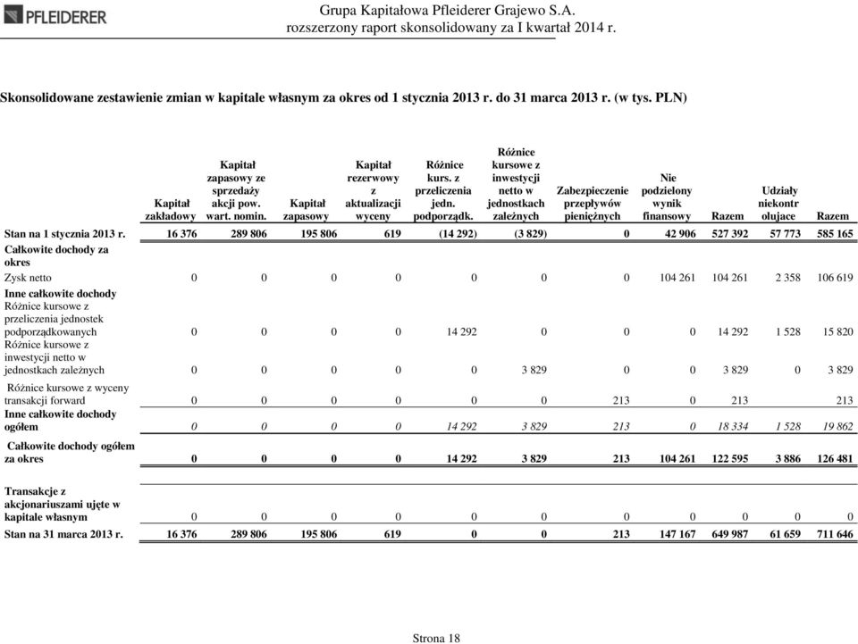 Różnice kursowe z inwestycji netto w jednostkach zależnych Zabezpieczenie przepływów pieniężnych Nie podzielony wynik finansowy Razem Udziały niekontr olujace Razem Stan na 1 stycznia 2013 r.