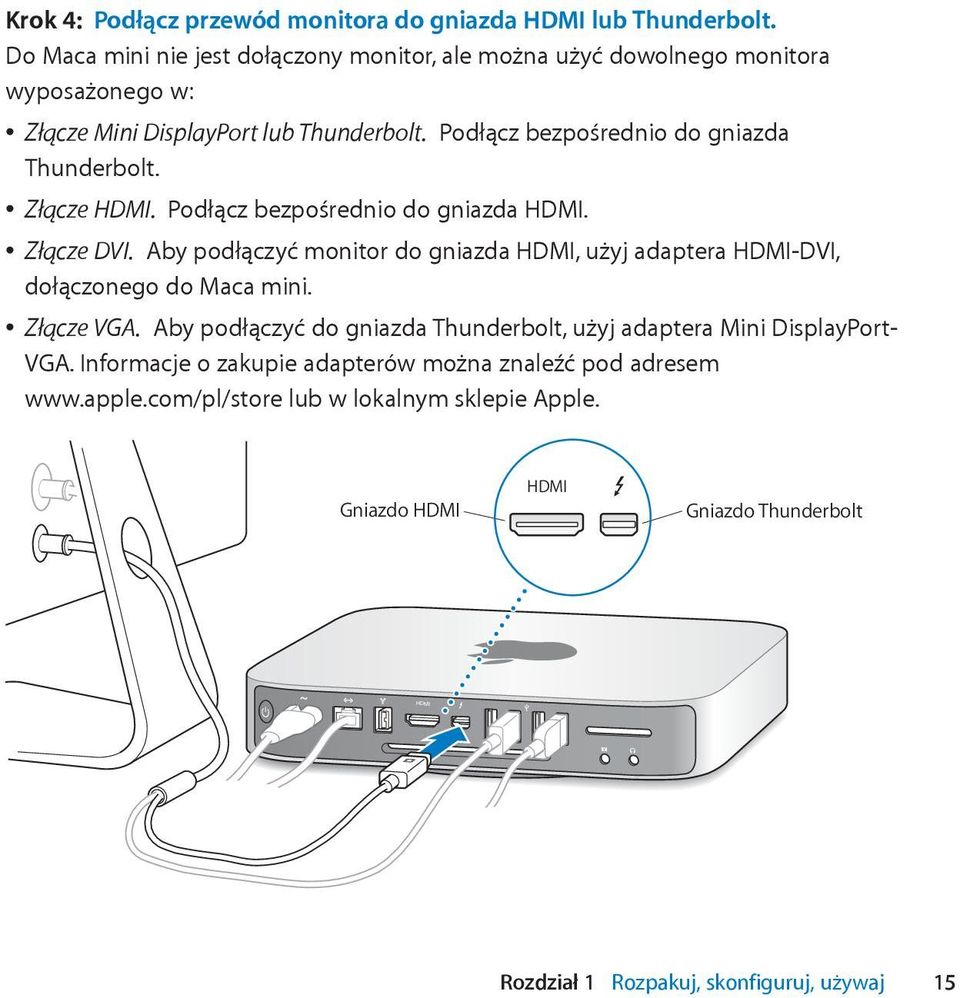 Podłącz bezpośrednio do gniazda Thunderbolt. Złącze HDMI. Podłącz bezpośrednio do gniazda HDMI. Złącze DVI.