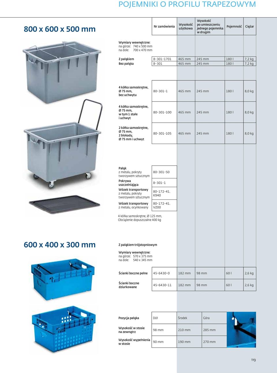 mm 245 mm 180 l 8,0 kg 2 kółka samoskrętne, Ø 75 mm, 2 blokady, Ø 75 mm i uchwyt 80-301-105 465 mm 245 mm 180 l 8,0 kg Pałąk z metalu, pokryty tworzywem sztucznym Pokrywa uszczelniająca Wózek