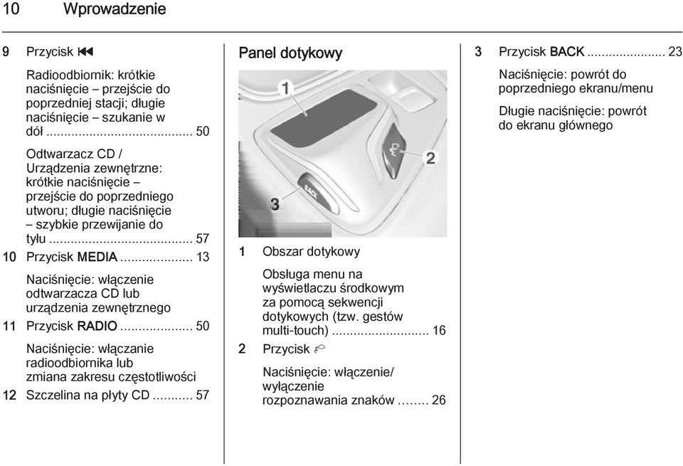 .. 13 Naciśnięcie: włączenie odtwarzacza CD lub urządzenia zewnętrznego 11 Przycisk RADIO... 50 Naciśnięcie: włączanie radioodbiornika lub zmiana zakresu częstotliwości 12 Szczelina na płyty CD.