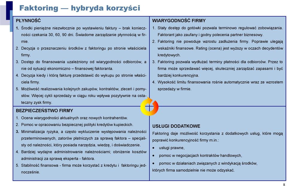 Decyzja kiedy i którą fakturę przedstawić do wykupu po stronie właściciela firmy. 5. Możliwość realizowania kolejnych zakupów, kontraktów, zleceń i pomysłów.