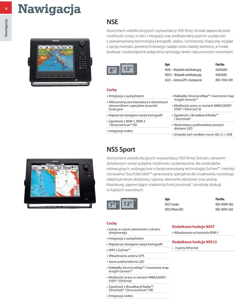 8" 12" NSE8 Wskaźnik wielofunkcyjny AA010200 NSE12 Wskaźnik wielofunkcyjny AA010202 GS25 Antena GPS z kompasem 000-11043-001 Integracja z autopilotem Alfanumeryczna klawiatura z obrotowym