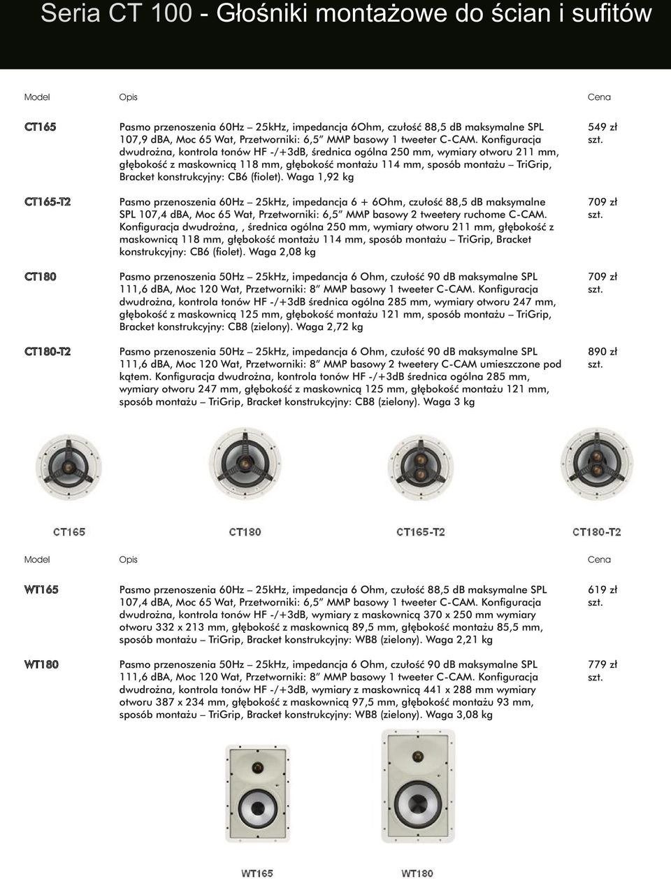 Konfiguracja dwudrożna, kontrola tonów HF -/+3dB, średnica ogólna 250 mm, wymiary otworu 211 mm, głębokość z maskownicą 118 mm, głębokość montażu 114 mm, sposób montażu TriGrip, Bracket