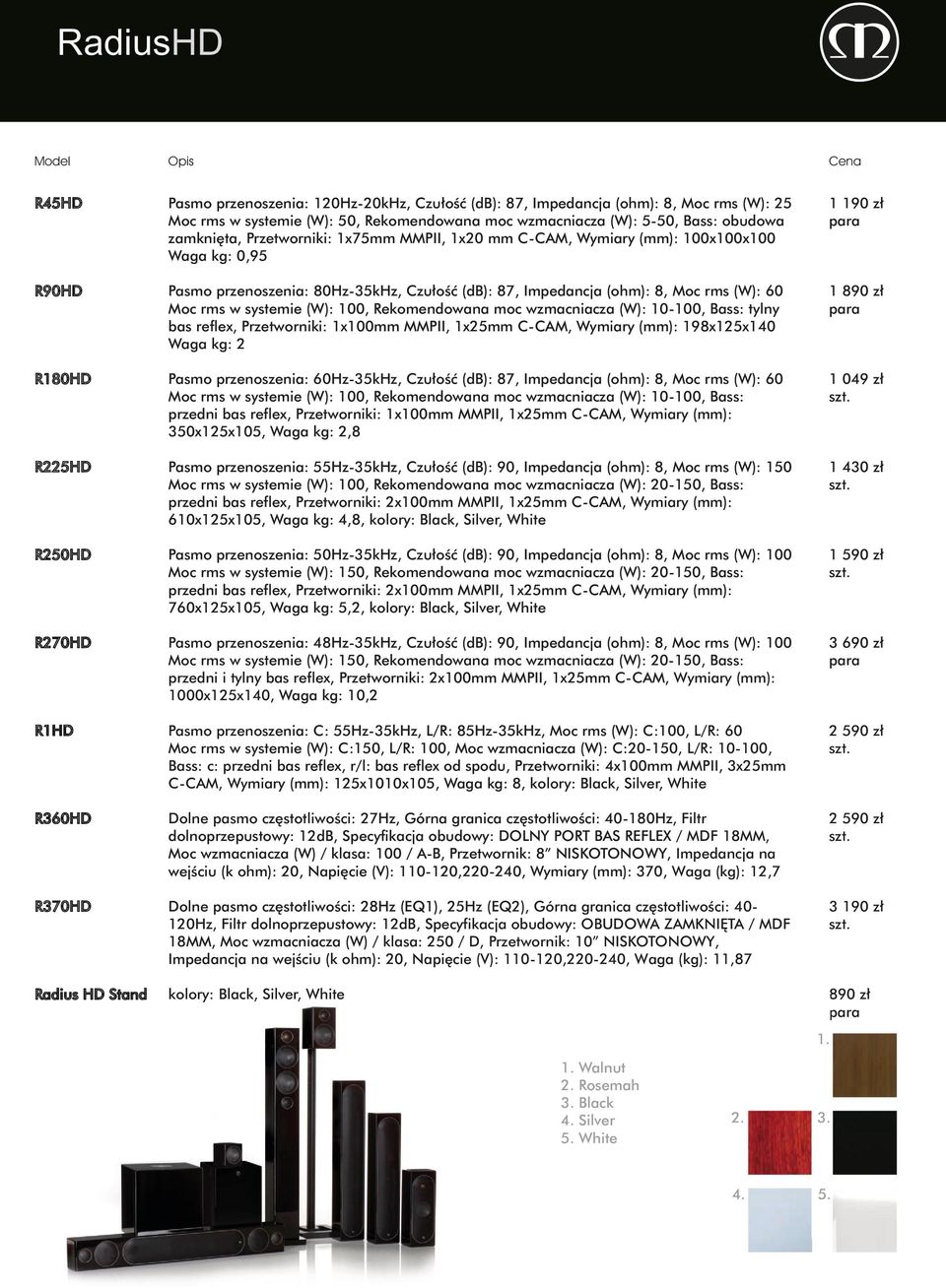 Impedancja (ohm): 8, Moc rms (W): 60 Moc rms w systemie (W): 100, Rekomendowana moc wzmacniacza (W): 10-100, Bass: tylny bas reflex, Przetworniki: 1x100mm MMPII, 1x25mm C-CAM, Wymiary (mm):