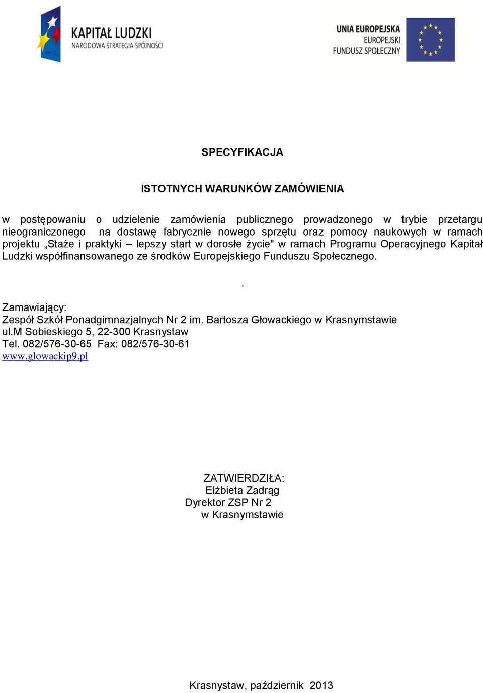 współfinansowanego ze środków Europejskiego Funduszu Społecznego. Zamawiający: Zespół Szkół Ponadgimnazjalnych Nr 2 im. Bartosza Głowackiego w Krasnymstawie ul.