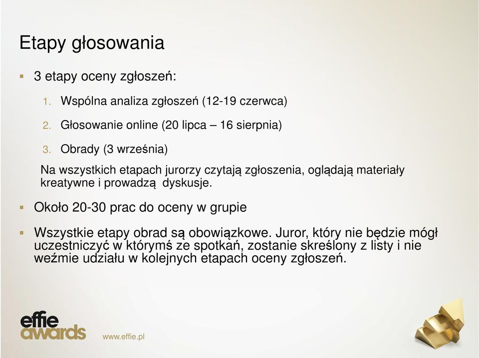 Obrady (3 września) Na wszystkich etapach jurorzy czytają zgłoszenia, oglądają materiały kreatywne i prowadzą