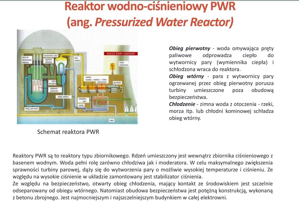 Obieg wtórny - para z wytwornicy pary ogrzewanej przez obieg pierwotny porusza turbiny umieszczone poza obudową bezpieczeństwa. Chłodzenie - zimna woda z otoczenia - rzeki, morza itp.