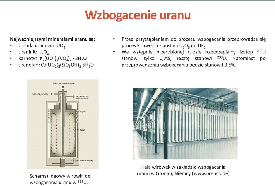 6. We wstępnie przerobionej rudzie rozszczepialny izotop 235 U stanowi tylko 0,7%, resztę stanowi 238 U.