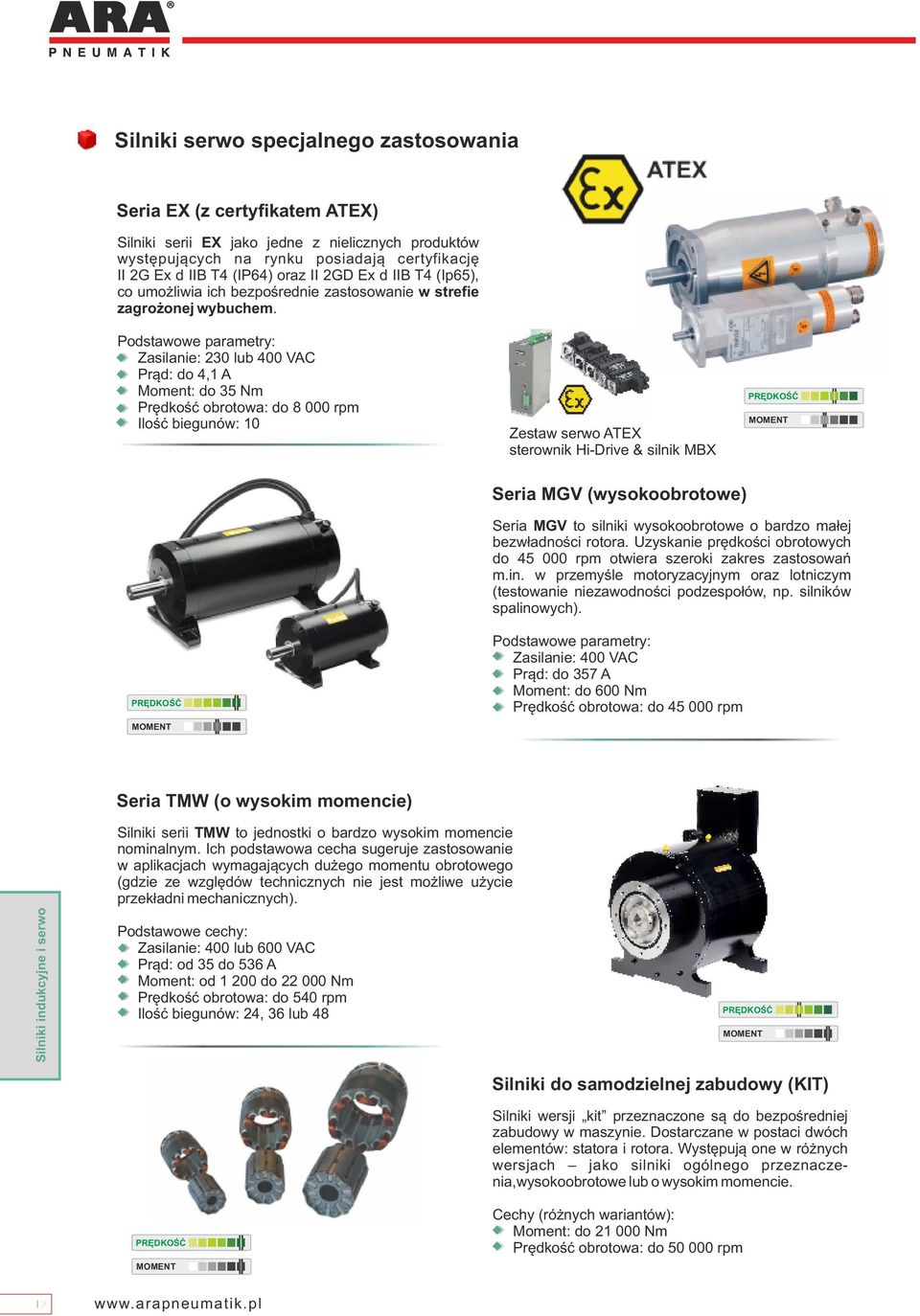 Zasilanie: 30 lub 400 VAC Prąd: do 4,1 A Moment: do 35 Nm Prędkość obrotowa: do 8 000 rpm Ilość biegunów: 10 Zestaw serwo ATEX sterownik Hi-Drive & silnik MBX Seria MGV (wysokoobrotowe) Seria MGV to