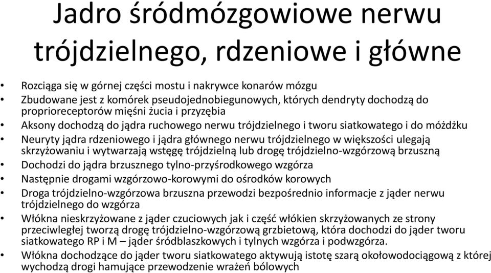 większości ulegają skrzyżowaniu i wytwarzają wstęgę trójdzielną lub drogę trójdzielno-wzgórzową brzuszną Dochodzi do jądra brzusznego tylno-przyśrodkowego wzgórza Następnie drogami wzgórzowo-korowymi