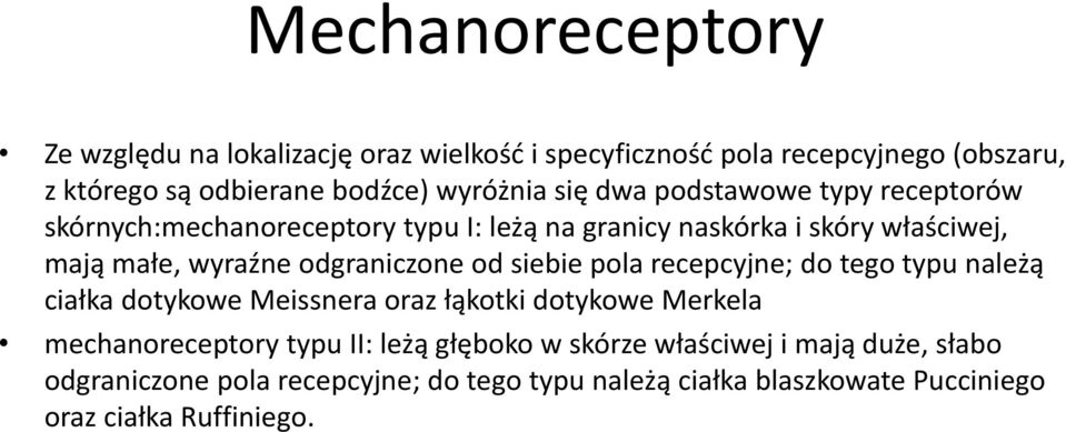 odgraniczone od siebie pola recepcyjne; do tego typu należą ciałka dotykowe Meissnera oraz łąkotki dotykowe Merkela mechanoreceptory typu II: