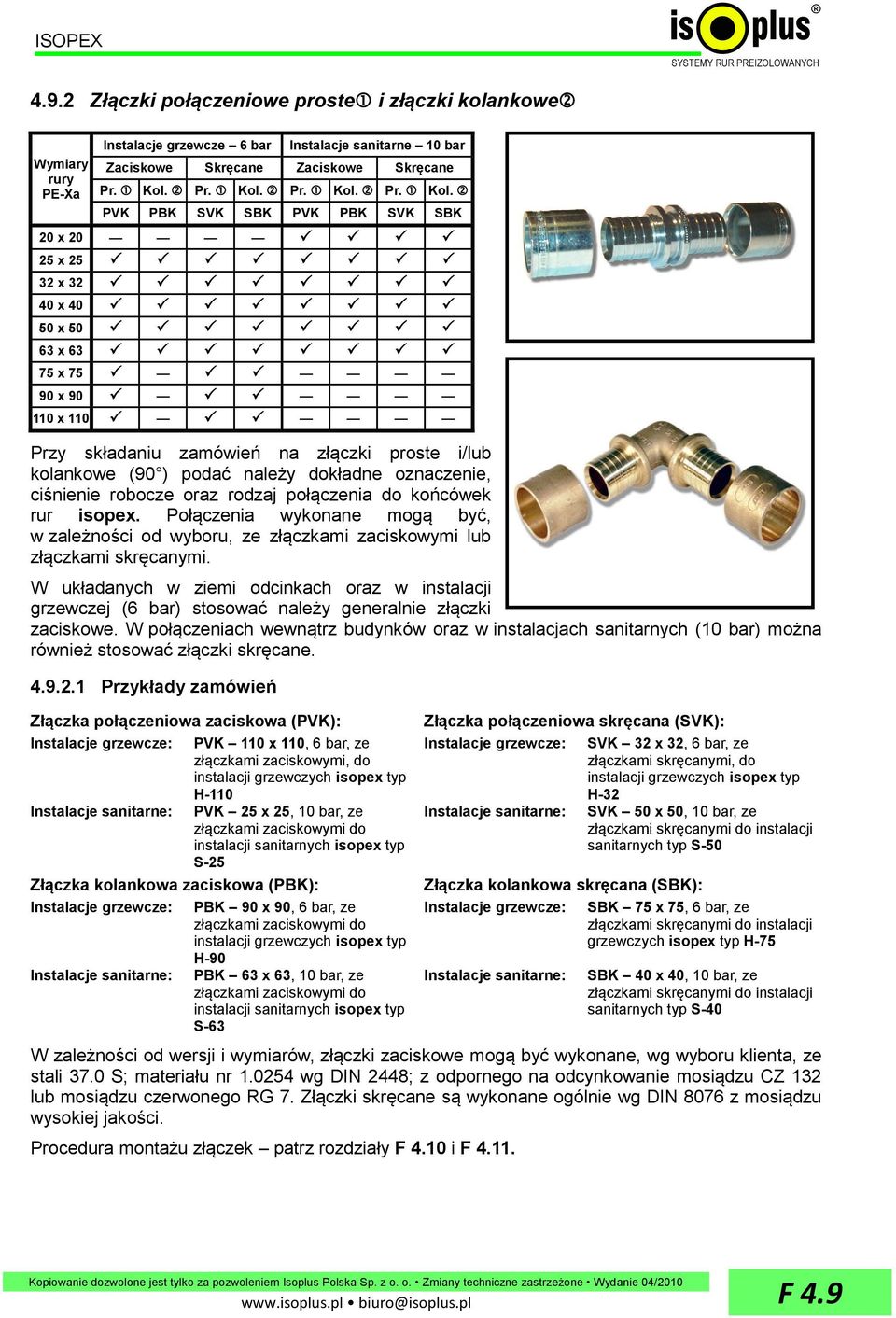 PVK PBK SVK SBK PVK PBK SVK SBK 20 x 20 25 x 25 32 x 32 40 x 40 50 x 50 63 x 63 75 x 75 90 x 90 110 x 110 Przy składaniu zamówień na złączki proste i/lub kolankowe (90 ) podać należy dokładne