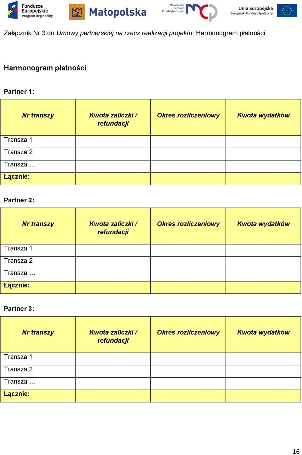 Partner 2: Transza 1 Transza 2 Transza Łącznie: Nr transzy Kwota zaliczki / refundacji Okres rozliczeniowy Kwota