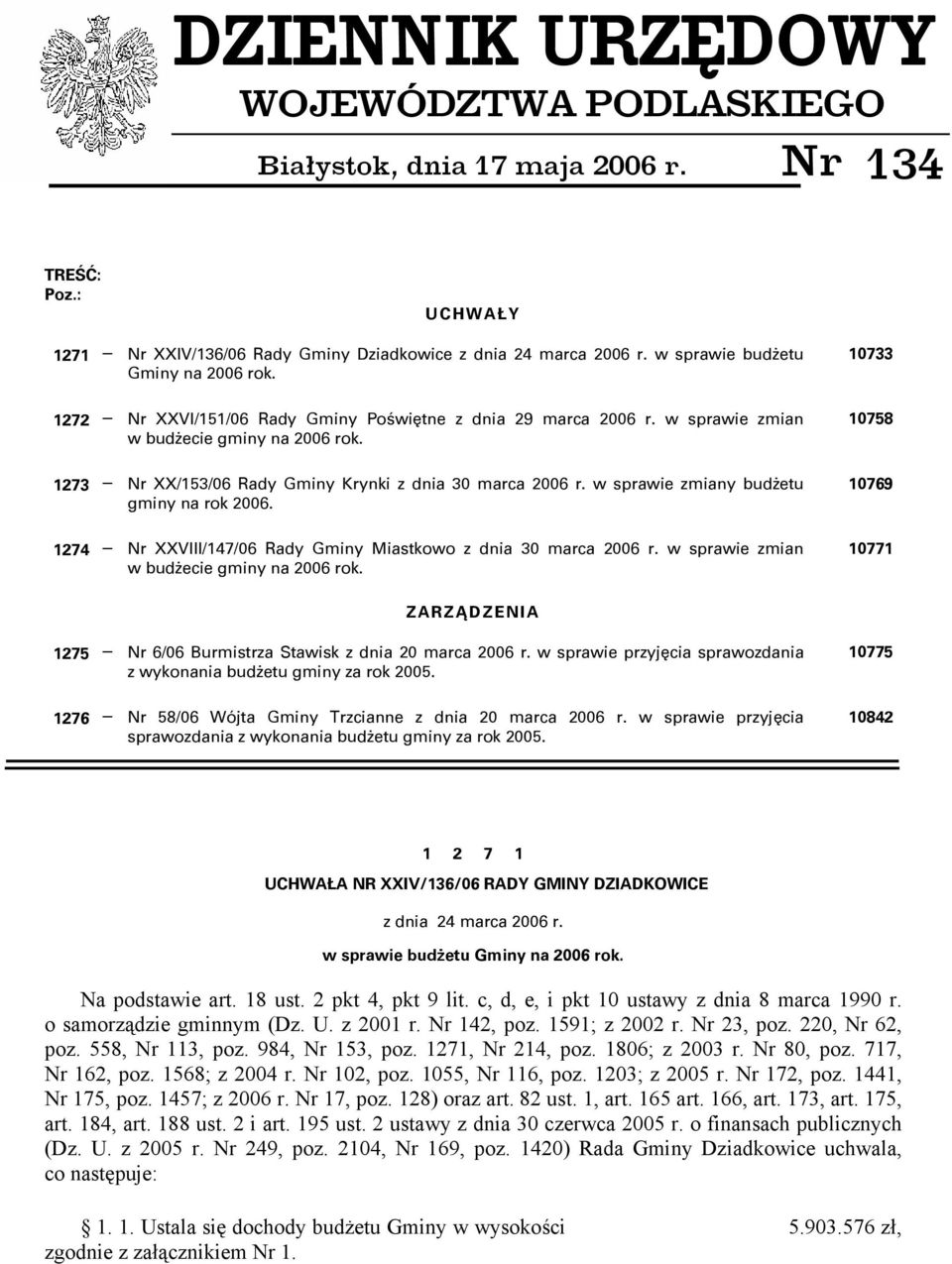 1273 Nr XX/153/06 Rady Gminy Krynki z dnia 30 marca 2006 r. w sprawie zmiany budżetu gminy na rok 2006. 1274 Nr XXVIII/147/06 Rady Gminy Miastkowo z dnia 30 marca 2006 r.