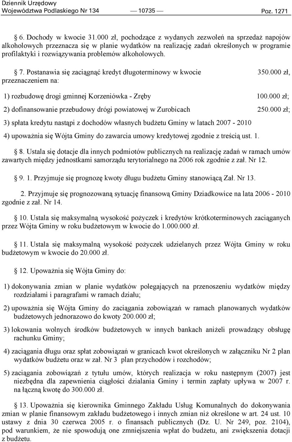 alkoholowych. 7. Postanawia się zaciągnąć kredyt długoterminowy w kwocie 350.000 zł, przeznaczeniem na: 1) rozbudowę drogi gminnej Korzeniówka - Zręby 100.