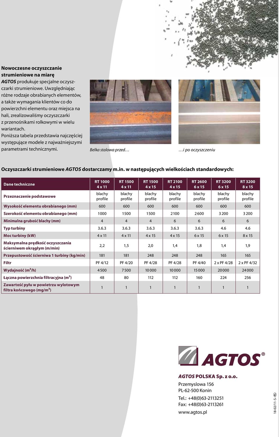 wariantach. Poniższa tabela przedstawia najczęściej występujące modele z najważniejszymi parametrami technicznymi. Belka stalowa przed i po oczyszczeniu Oczyszczarki strumieniowe AGTOS dostarczamy m.