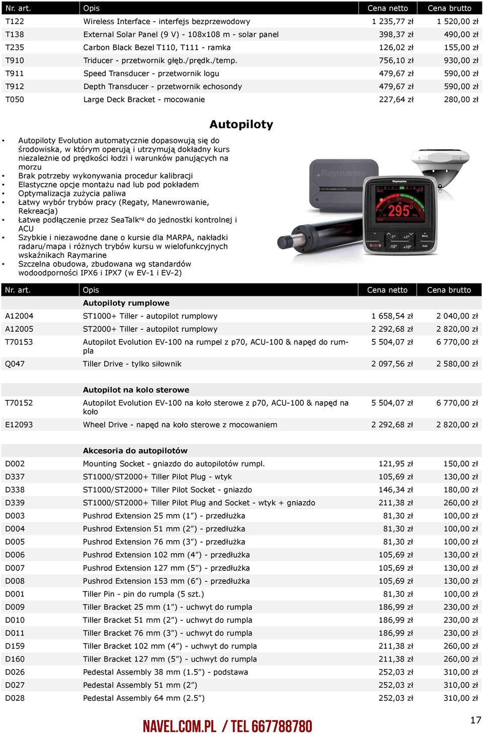 756,10 zł 930,00 zł T911 Speed Transducer - przetwornik logu 479,67 zł 590,00 zł T912 Depth Transducer - przetwornik echosondy 479,67 zł 590,00 zł T050 Large Deck Bracket - mocowanie 227,64 zł 280,00