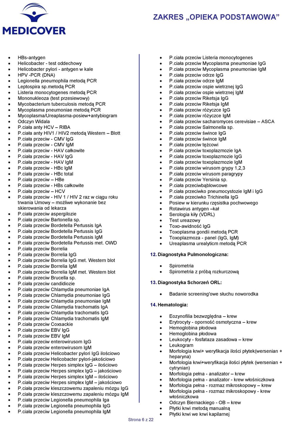 Widala P.ciała anty HCV RIBA P.ciała anty HIV1 / HIV2 metodą Western Blott P.ciała przeciw - CMV IgG P.ciała przeciw - CMV IgM P.ciała przeciw - HAV całkowite P.ciała przeciw - HAV IgG P.