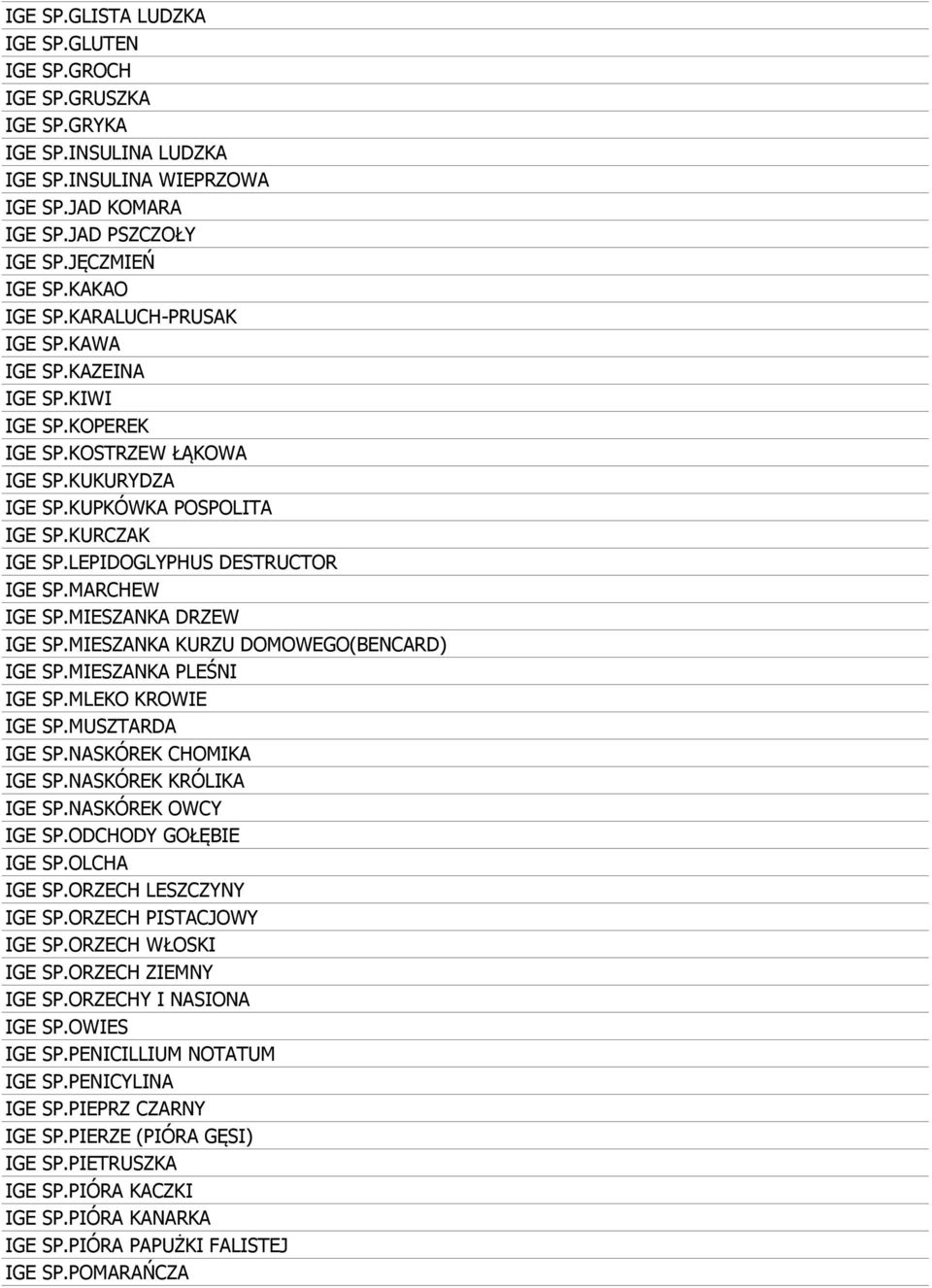 MARCHEW IGE SP.MIESZANKA DRZEW IGE SP.MIESZANKA KURZU DOMOWEGO(BENCARD) IGE SP.MIESZANKA PLEŚNI IGE SP.MLEKO KROWIE IGE SP.MUSZTARDA IGE SP.NASKÓREK CHOMIKA IGE SP.NASKÓREK KRÓLIKA IGE SP.