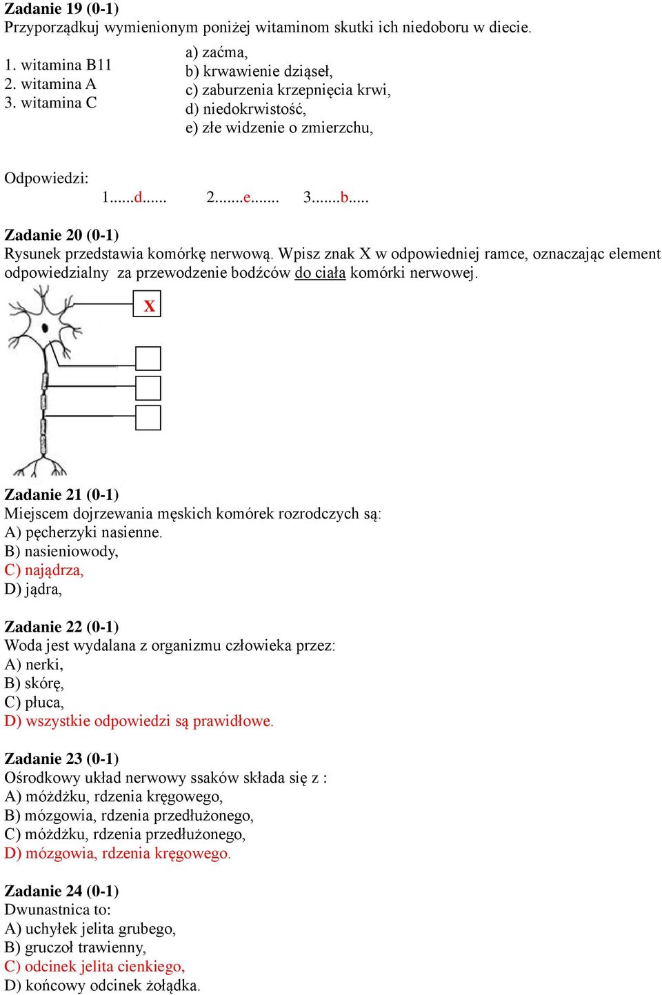 Wpisz znak w odpowiedniej ramce, oznaczając element odpowiedzialny za przewodzenie bodźców do ciała komórki nerwowej.