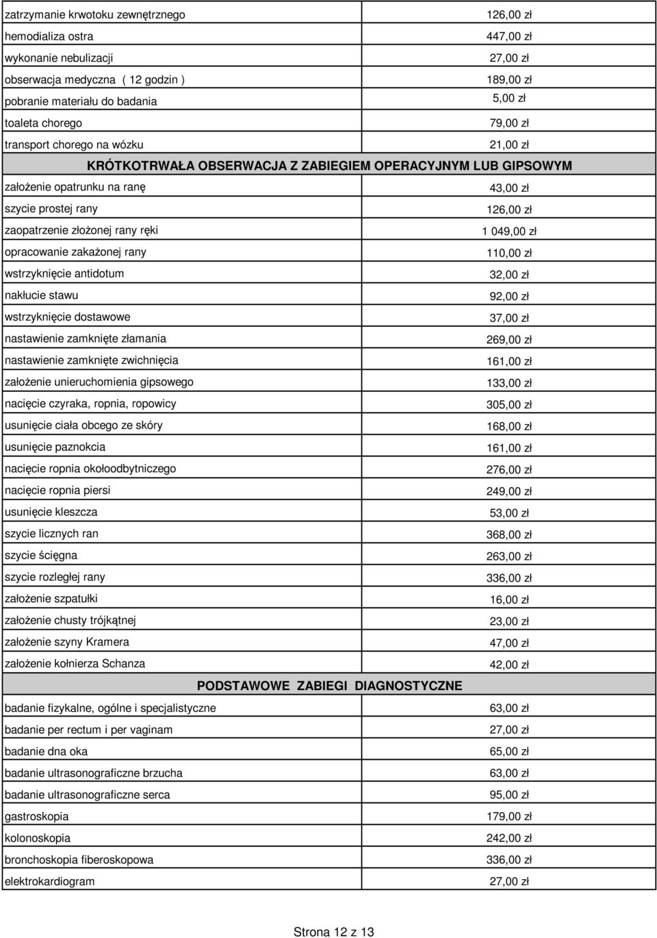 złożonej rany ręki 1 049,00 zł opracowanie zakażonej rany 110,00 zł wstrzyknięcie antidotum 32,00 zł nakłucie stawu 92,00 zł wstrzyknięcie dostawowe 37,00 zł nastawienie zamknięte złamania 269,00 zł