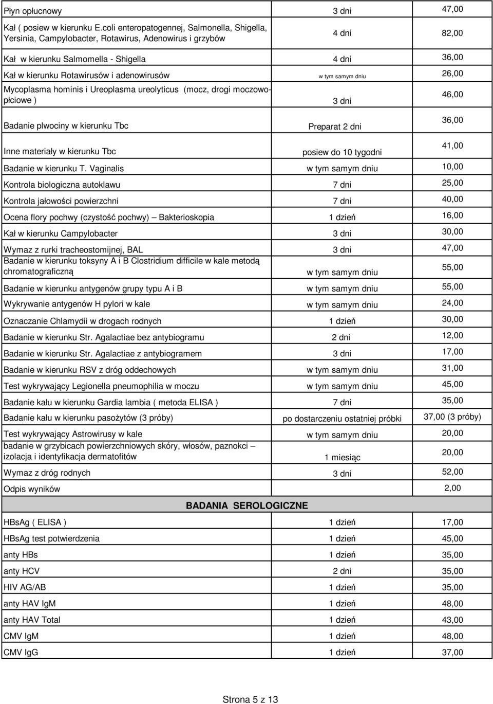 w tym samym dniu 26,00 Mycoplasma hominis i Ureoplasma ureolyticus (mocz, drogi moczowopłciowe ) 3 dni 46,00 Badanie plwociny w kierunku Tbc Preparat 2 dni Inne materiały w kierunku Tbc posiew do 10