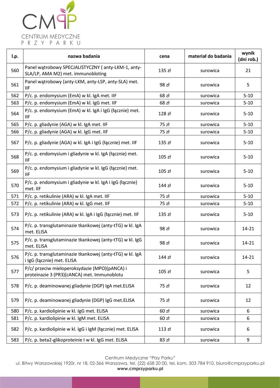 IIF 128 zł surowica 5-10 565 P/c. p. gliadynie (AGA) w kl. IgA met. IIF 75 zł surowica 5-10 566 P/c. p. gliadynie (AGA) w kl. IgG met. IIF 75 zł surowica 5-10 567 P/c. p. gliadynie (AGA) w kl. IgA i IgG (łącznie) met.