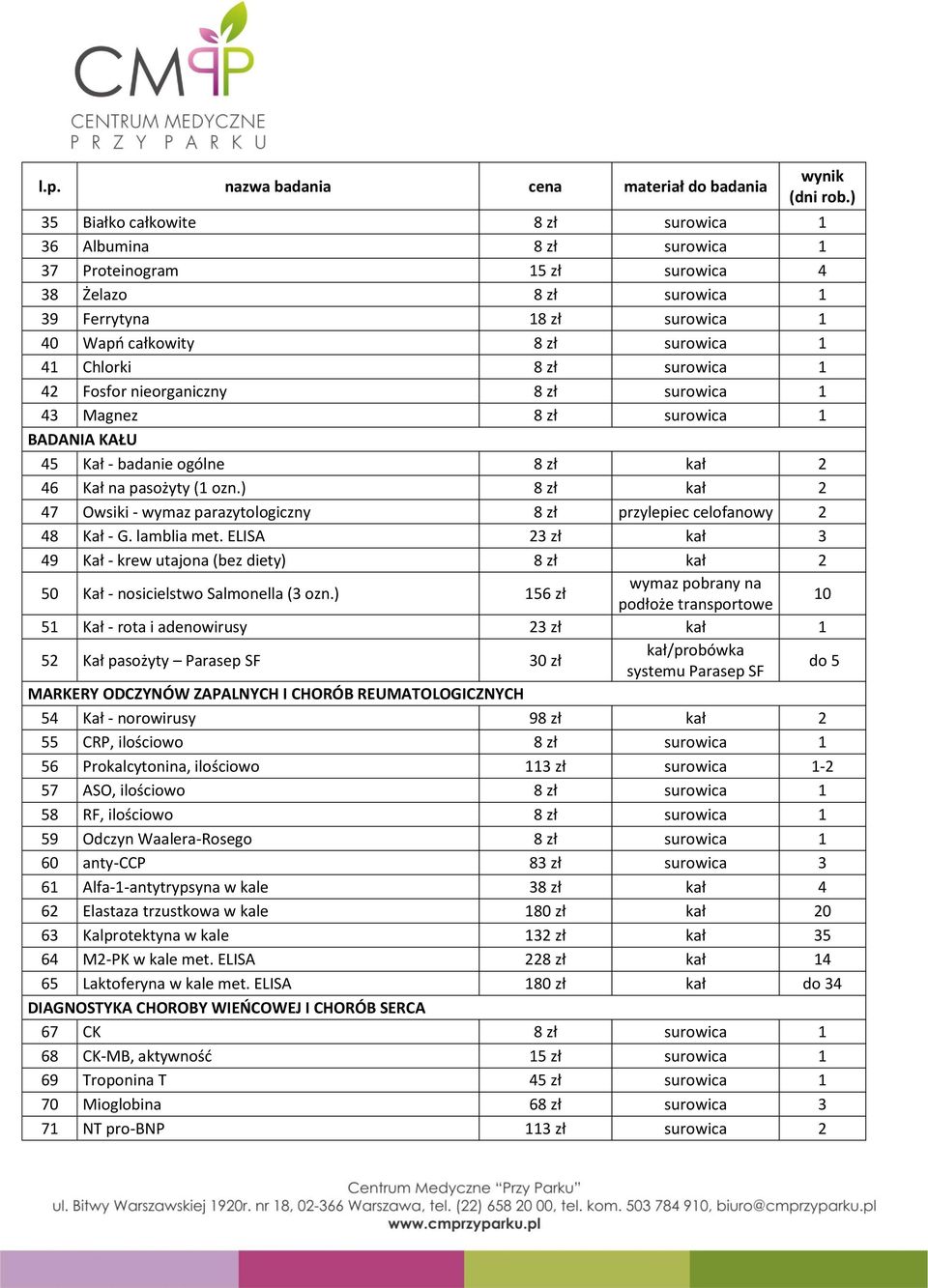 ) 8 zł kał 2 47 Owsiki - wymaz parazytologiczny 8 zł przylepiec celofanowy 2 48 Kał - G. lamblia met.