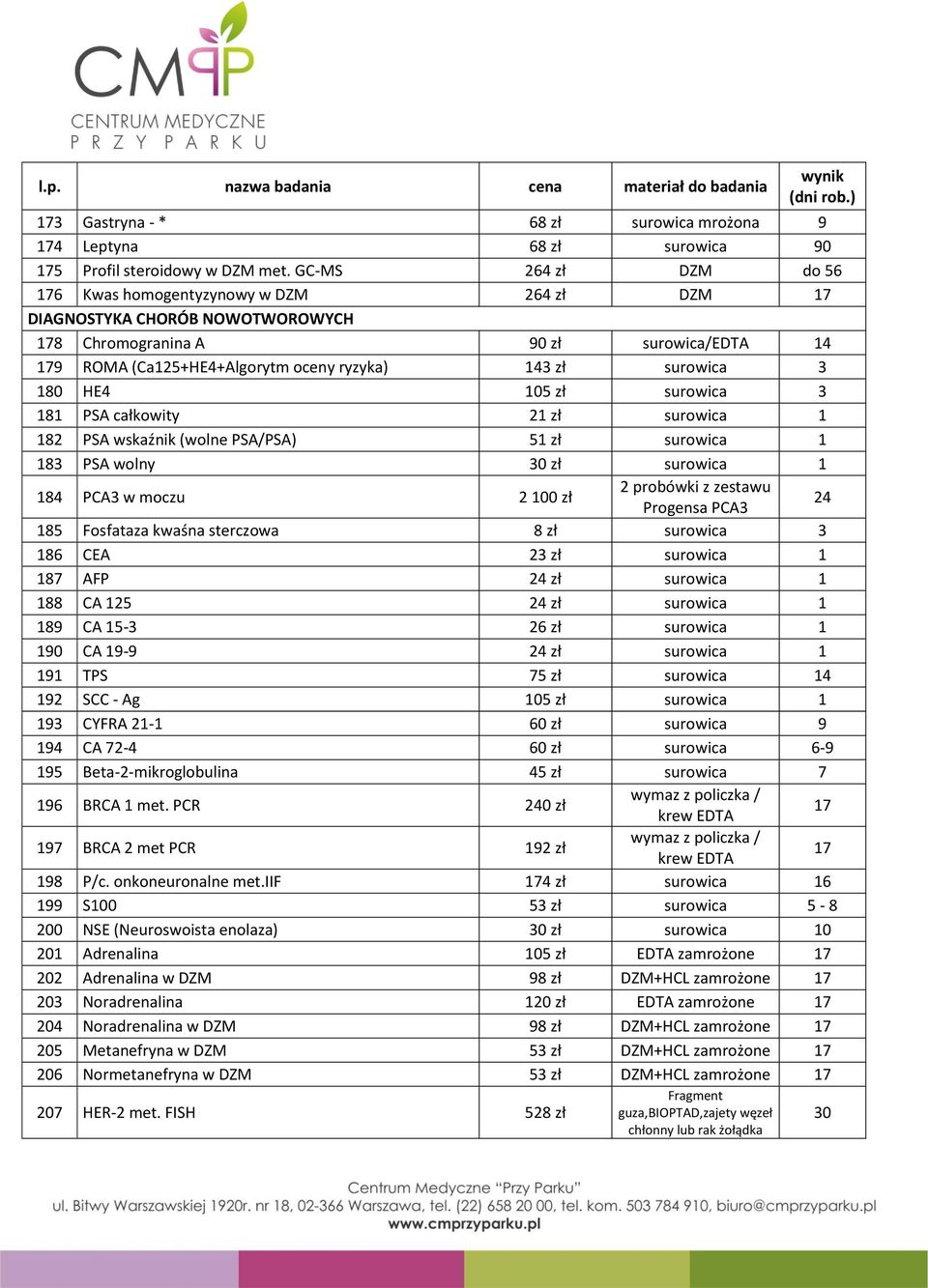 surowica 3 180 HE4 105 zł surowica 3 181 PSA całkowity 21 zł surowica 1 182 PSA wskaźnik (wolne PSA/PSA) 51 zł surowica 1 183 PSA wolny 30 zł surowica 1 184 PCA3 w moczu 2 100 zł 2 probówki z zestawu