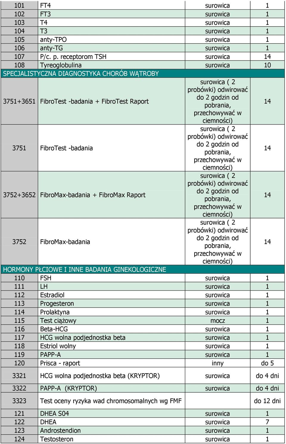 pobrania, 14 przechowywać w ciemności) surowica ( 2 probówki) odwirować 3751 FibroTest -badania do 2 godzin od pobrania, 14 przechowywać w ciemności) surowica ( 2 probówki) odwirować 3752+3652