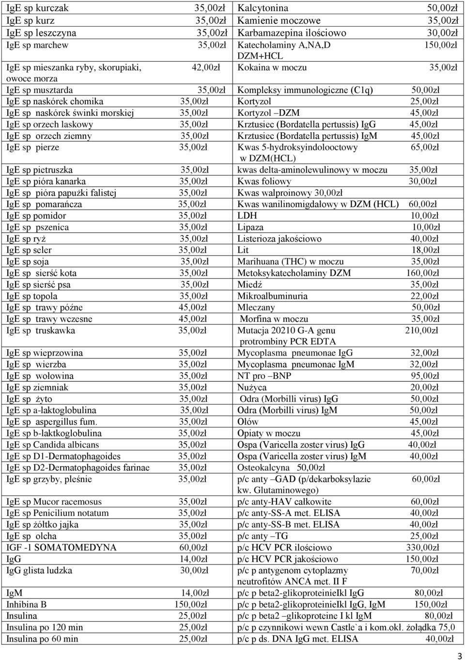 naskórek świnki morskiej 35,00zł Kortyzol DZM 45,00zł IgE sp orzech laskowy 35,00zł Krztusiec (Bordatella pertussis) IgG 45,00zł IgE sp orzech ziemny 35,00zł Krztusiec (Bordatella pertussis) IgM