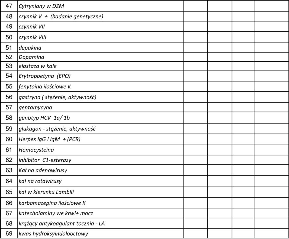 stężenie, aktywność 60 Herpes IgG i IgM + (PCR) 61 Homocysteina 62 inhibitor C1-esterazy 63 Kał na adenowirusy 64 kał na rotawirusy 65