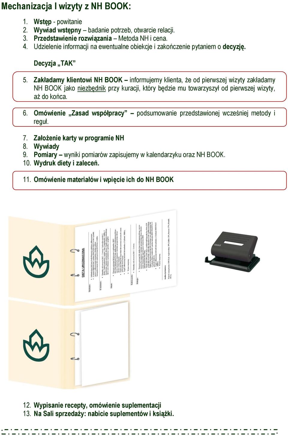 Zakładamy klientowi NH BOOK informujemy klienta, że od pierwszej wizyty zakładamy NH BOOK jako niezbędnik przy kuracji, który będzie mu towarzyszył od pierwszej wizyty, aż do końca. 6.