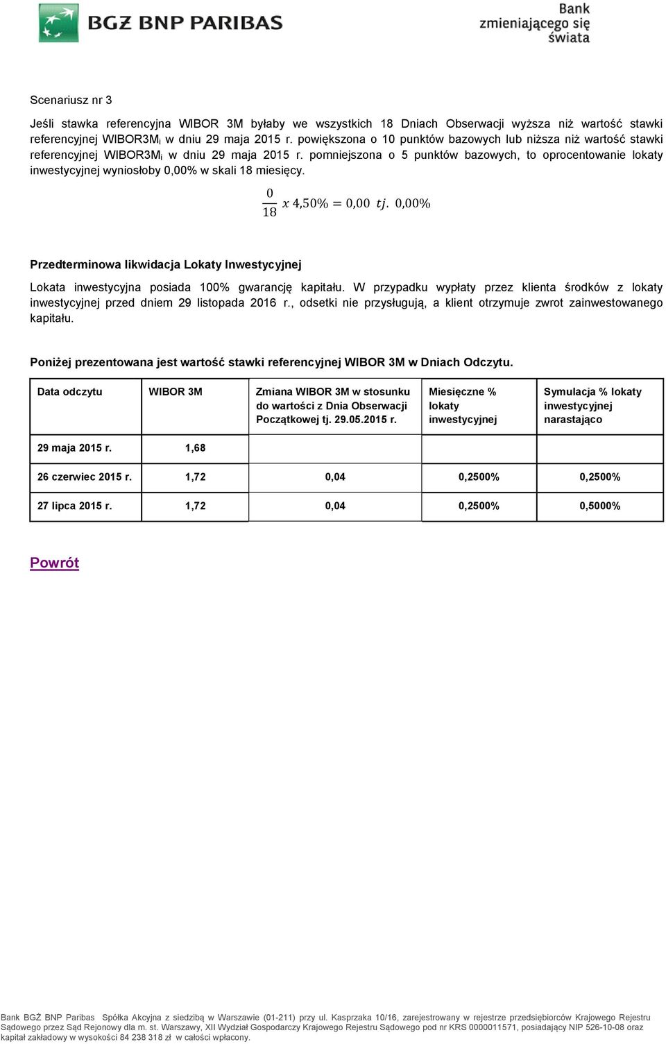 pomniejszona o 5 punktów bazowych, to oprocentowanie lokaty inwestycyjnej wyniosłoby 0,00% w skali 18 miesięcy. 0 x 4,50% = 0,00 tj.