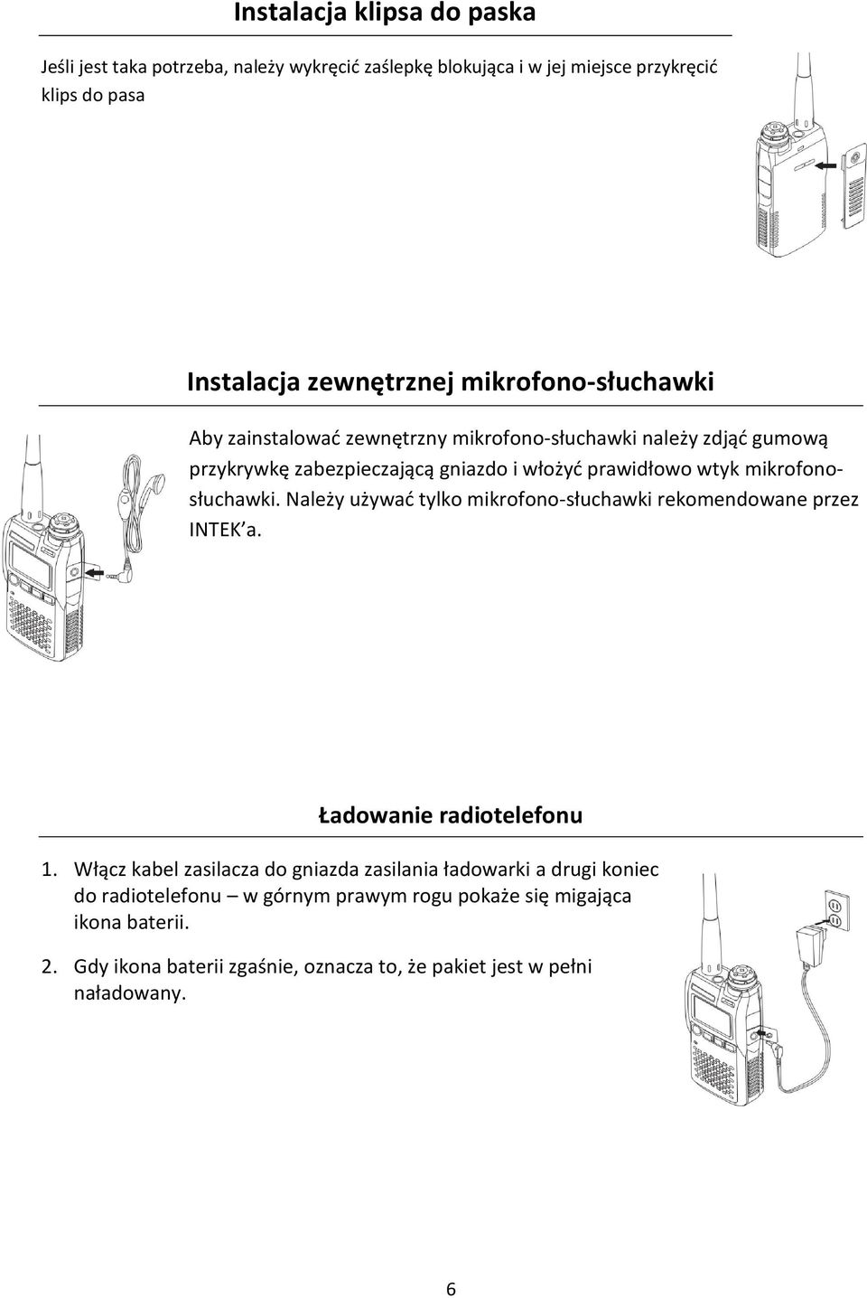 mikrofonosłuchawki. Należy używad tylko mikrofono-słuchawki rekomendowane przez INTEK a. Ładowanie radiotelefonu 1.