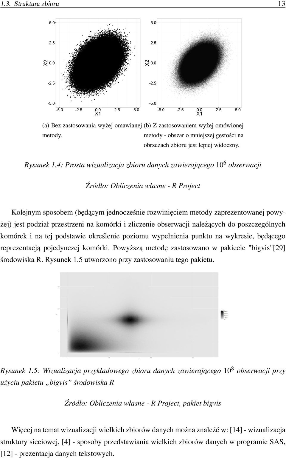 podział przestrzeni na komórki i zliczenie obserwacji należących do poszczególnych komórek i na tej podstawie określenie poziomu wypełnienia punktu na wykresie, będącego reprezentacją pojedynczej