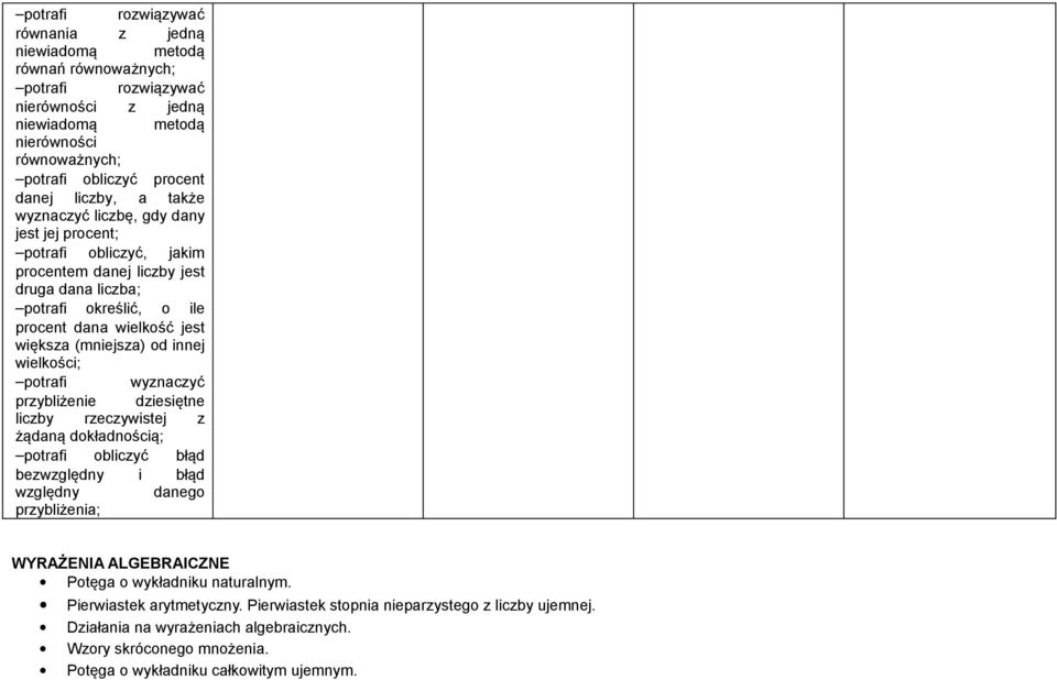 innej wielkości; potrafi wyznaczyć przybliżenie dziesiętne liczby rzeczywistej z żądaną dokładnością; potrafi obliczyć błąd bezwzględny i błąd względny danego przybliżenia; WYRAŻENIA ALGEBRAIZNE