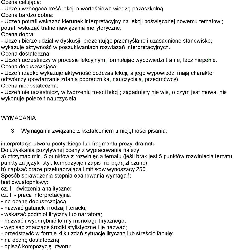 Ocena dobra: - Uczeń bierze udział w dyskusji, prezentując przemyślane i uzasadnione stanowisko; wykazuje aktywność w poszukiwaniach rozwiązań interpretacyjnych.